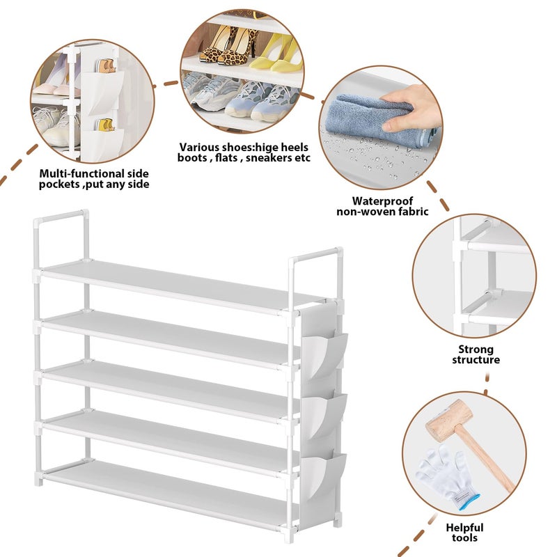 OYREL 5 Tier Shoe Organizer, 33.3in Wide x 11.2in Deep x 35.6in Tall, Black Metal and Plastic Shoe Rack with Side Bag, Holds 20-25 Pairs of Shoes - Image 5