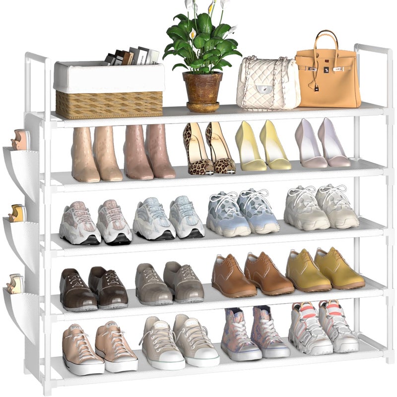 OYREL 5 Tier Shoe Organizer, 33.3in Wide x 11.2in Deep x 35.6in Tall, Black Metal and Plastic Shoe Rack with Side Bag, Holds 20-25 Pairs of Shoes - Image 1