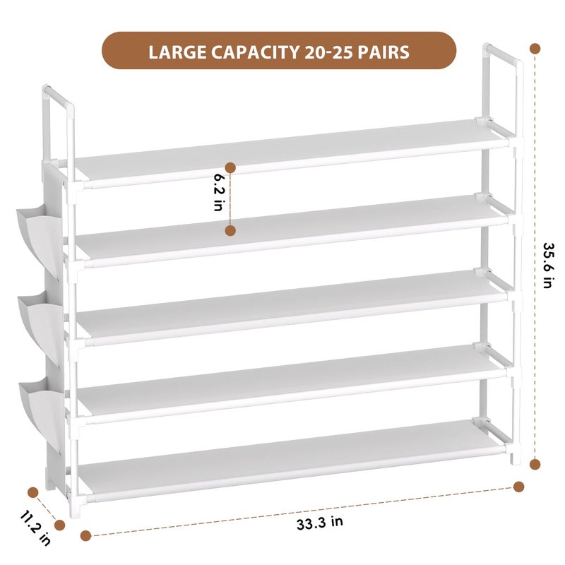 OYREL 5 Tier Shoe Organizer, 33.3in Wide x 11.2in Deep x 35.6in Tall, Black Metal and Plastic Shoe Rack with Side Bag, Holds 20-25 Pairs of Shoes - Image 3