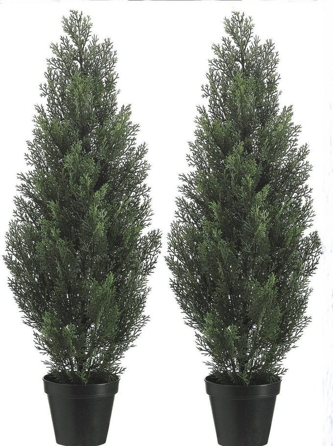 TWO 3 FOOT OUTDOOR ARTIFICIAL CEDAR TREES POTTED PLANTS