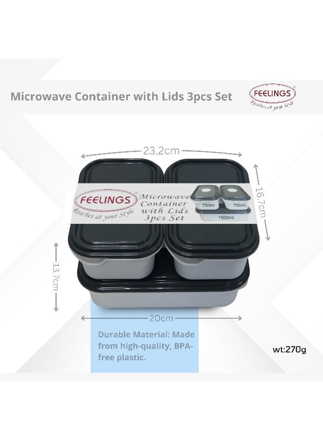 FEELINGS Plastic Food Containers with Lids, 3 Pcs Set, Microwave Safe, BPA Free, Airtight - Image 2