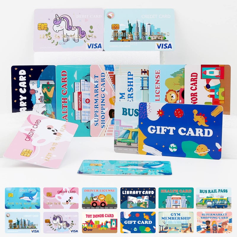YTYOTO Fake Credit Cards for Kids, Play Credit Cards Pretend Debit Credit Cards for Girls and Boys, Driver's License, Membership Play Cards, Fake Toy Cards 12pcs - Image 1
