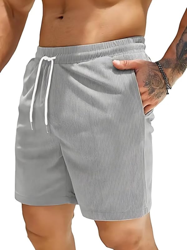 SMOWKLY Men's Premium Polycotton Casual Ribbed Shorts || Elastic & Drawstring Waist with 2 Pocket || Loose Fit Lightweight Burmuda Perfect for Workout, Beach & Summer ||Shorts Pant for Men Grey - Image 1