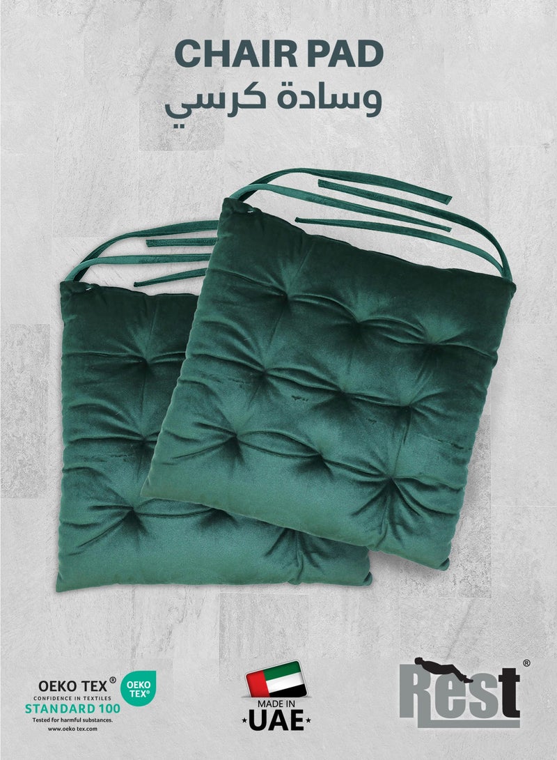 REST Pack of 2 Velvet Soft Chair Pad with Seat Ties Suitable for Garden , Kitchen and Office Chairs Indoor and Outdoor  Green 40x40cm - Image 1