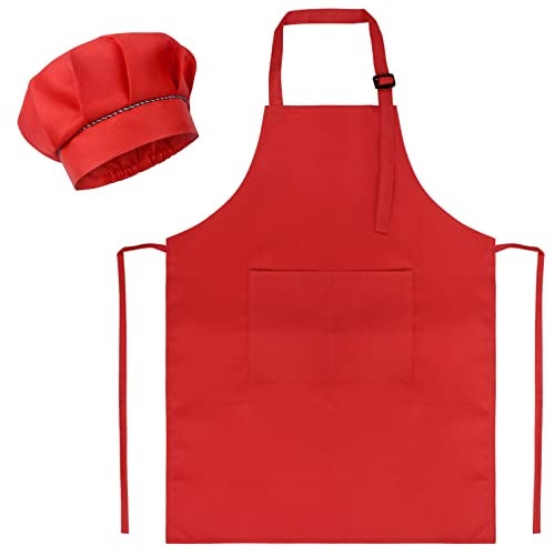 SUNLAND Kids Apron And Hat Set Children Chef Apron For Cooking Baking Painting Red S - Image 1