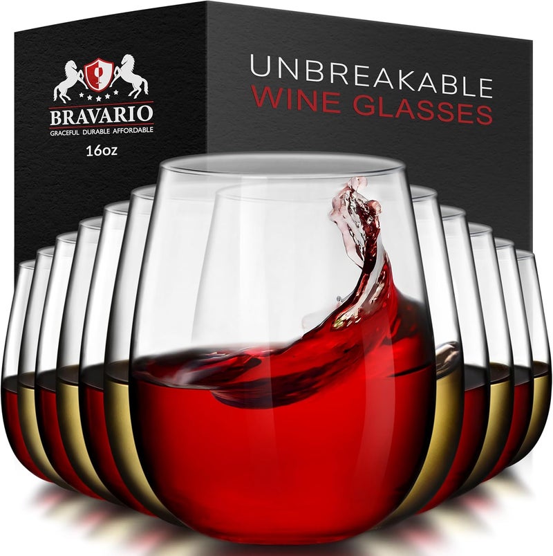 Bravario Unbreakable Stemless Plastic Wine Glasses | Reusable | Shatterproof 100% Tritan Plastic | Dishwasher-Safe | BPA-free | Awesome for Indoor & Outdoor | 16 oz, Set of 12 - Image 1
