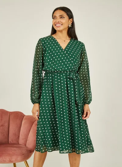 ميلا لندن Green Polka Dot Long Sleeve Midi Wrap Dress