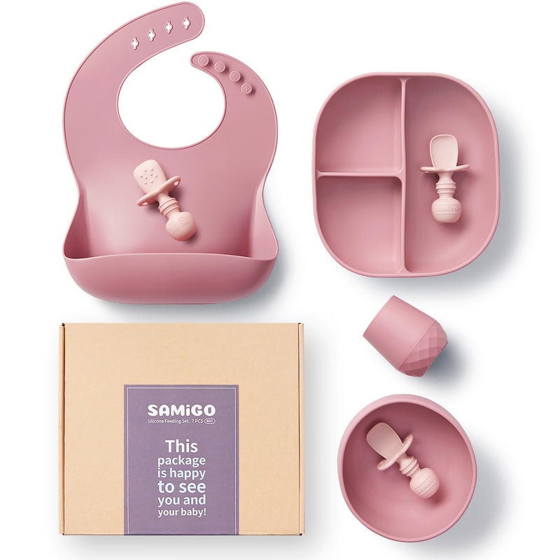 SAMiGO Silicone Baby Feeding Set, Baby Led Weaning Supplies, Suction Bowl Plate Bib Cup Self Feeding Spoons, Solid Food Eating Essentials, First Stage Utensils, 6+ Months - Image 1