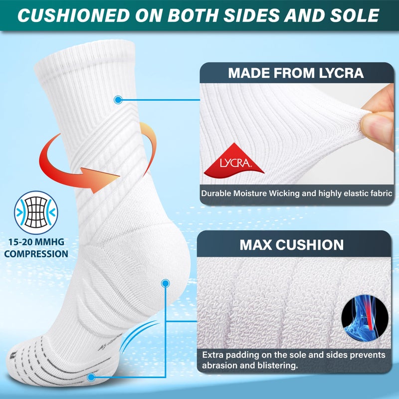 Hylaea Compression Running Socks for Men, Coolmax Anti-Blister Cushion Crew Socks for Athletic Basketball Tennis, Moisture Wicking & Seamless, Elite White Large - Image 2