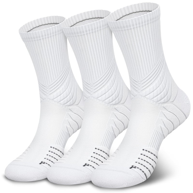 Hylaea Compression Running Socks for Men, Coolmax Anti-Blister Cushion Crew Socks for Athletic Basketball Tennis, Moisture Wicking & Seamless, Elite White Large - Image 1