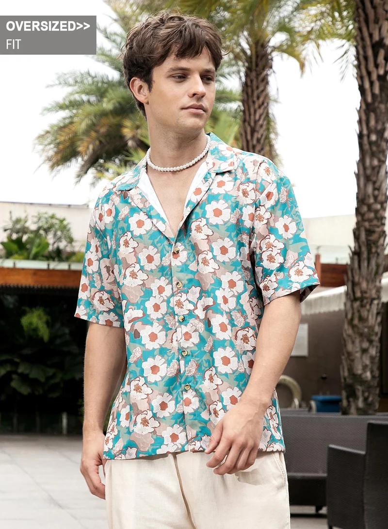 Campus Sutra Campus Sutra Men's Multicolour Flora-Block Oversized Shirt For Casual Wear | Cuban Collar | Short Sleeve | Button Closure | Oversized Shirt Crafted With Comfort Fit For Everyday Wear