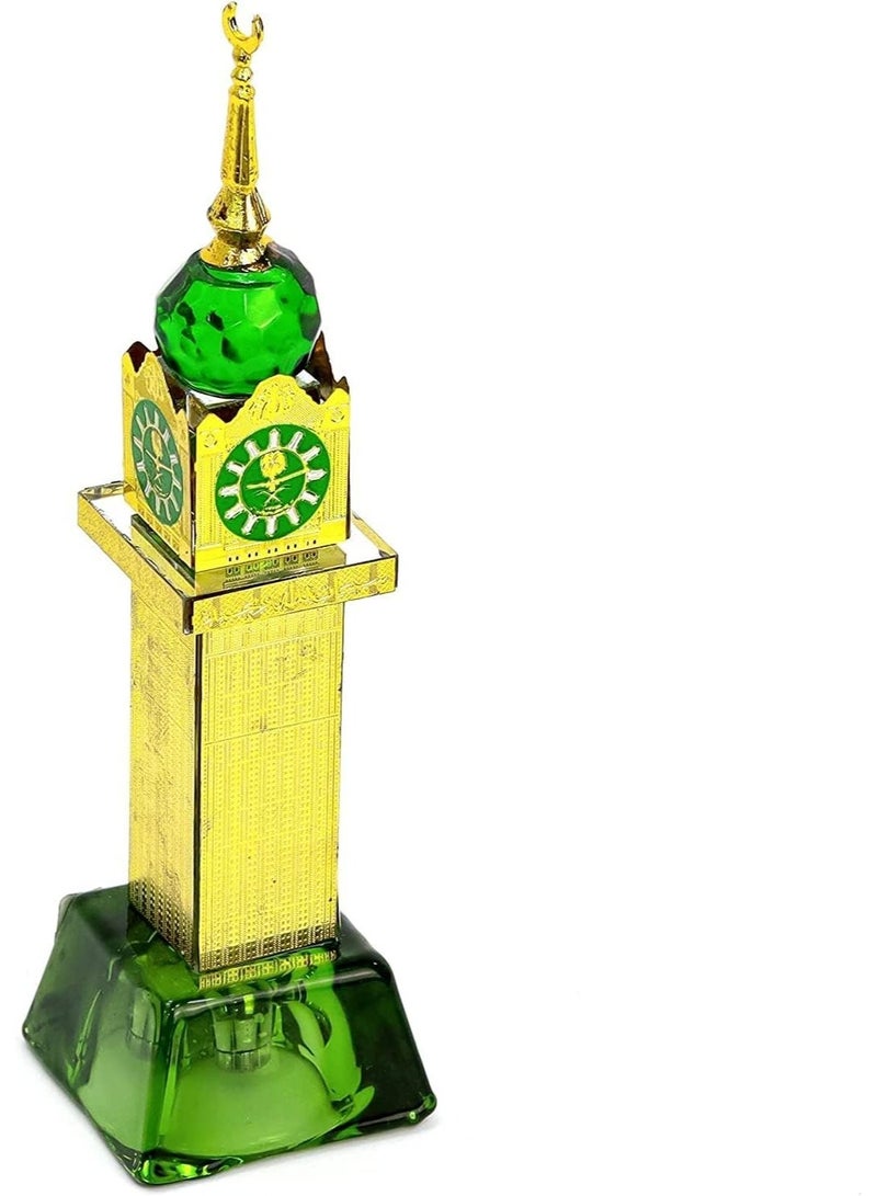 Toy Box Mecca Clock Tower Miniature Showpiece, Gold Plated with Green Crystal Base & Jewel Top, Desktop Decoration Souvenir- 16cm - Image 1