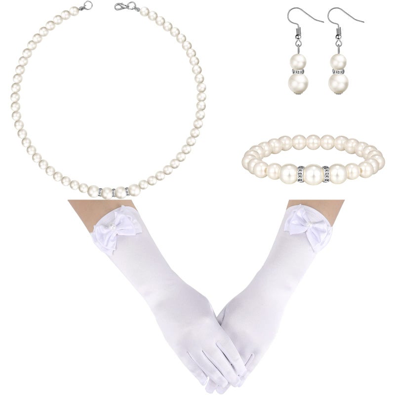 Newcotte 4 Pcs Pearl Necklace Sets Jewelry Communion Glove for Christmas Tea Party Wedding(Long Bow Knot) - Image 1