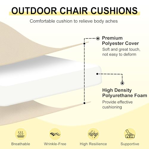 downluxe Outdoor Chair Cushions Set of 2 for Patio Furniture WaterResistant Square Corner Patio Chair Cushions with Ties High Density Foam Outdoor Seat Cushion 185 X 16 X 3 Beige - Image 3