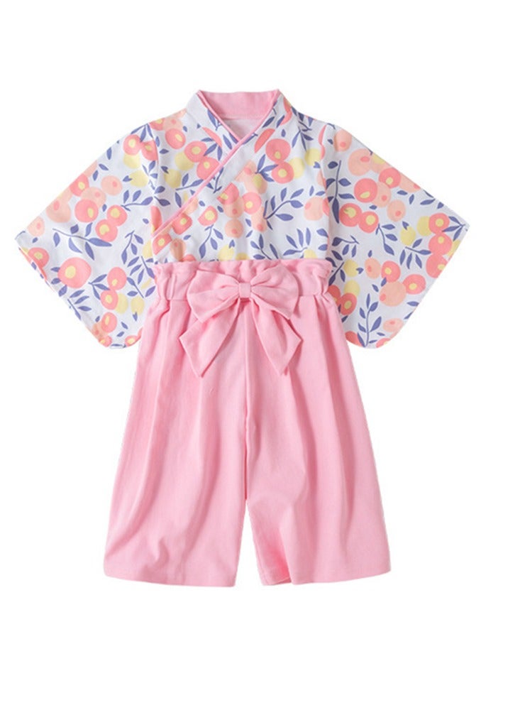 Al Aoyama Little Girls Japanese Kimono Set with Floral Print & Bow, Spring Autumn Long Sleeve Traditional Costume for Kids, Cherry Blossom Festival Party Outfit (Age1-4years old) - Image 1