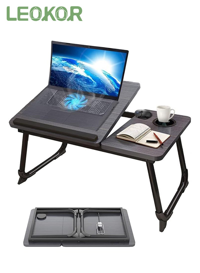 LEOKOR Foldable Laptop Table, Portable Bed Desk for Laptop, Adjustable Laptop Lapdesks with 7 Adjustable Angles, Storage Drawer, Cup Holder - Image 1