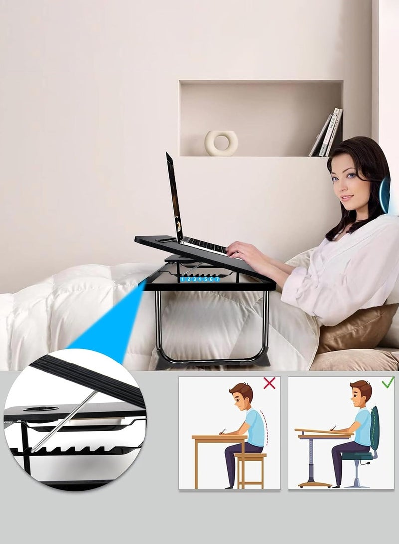 LEOKOR Foldable Laptop Table, Portable Bed Desk for Laptop, Adjustable Laptop Lapdesks with 7 Adjustable Angles, Storage Drawer, Cup Holder - Image 2