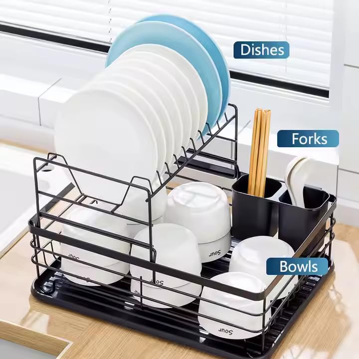 HAKKU Kitchen Dish Rack Drainer | Drying Rack with Removable Drain Board, Rack 2-Tier Large, Size (43L*32W*27H cm) (Black) - Image 4