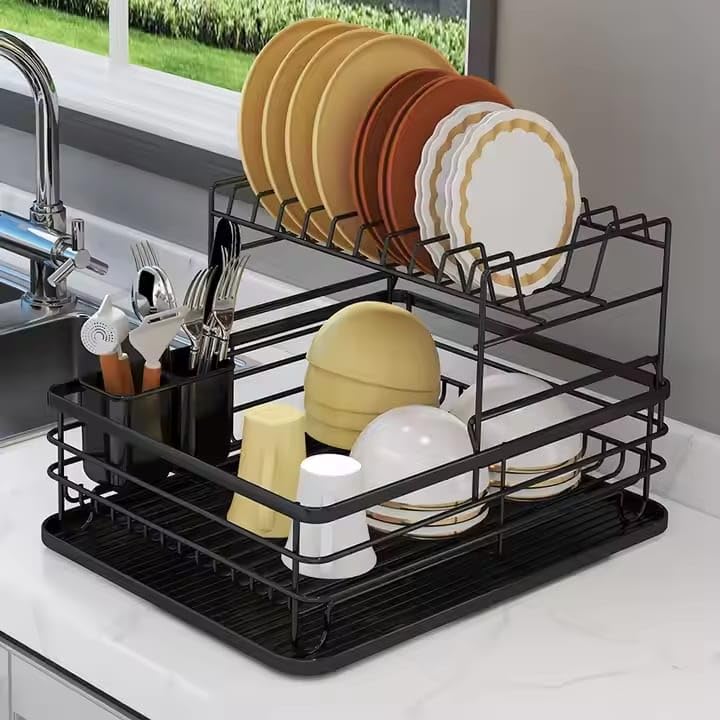 HAKKU Kitchen Dish Rack Drainer | Drying Rack with Removable Drain Board, Rack 2-Tier Large, Size (43L*32W*27H cm) (Black) - Image 1