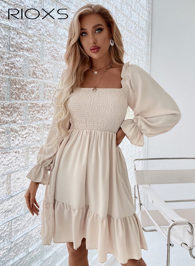 ريوكس فستان قصير بأكمام طويلة وياقة مربعة وطبقات، فستان قصير مرن بخصر عالٍ وطبقات منفوشة للسيدات، فستان شاطئ صيفي غير رسمي ومريح، مناسب لحفلات الزفاف والحفلات والمواعيد والمكتب وغيرها، لون بيج - Image 2
