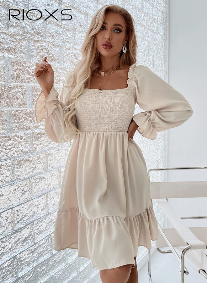 ريوكس فستان قصير بأكمام طويلة وياقة مربعة وطبقات، فستان قصير مرن بخصر عالٍ وطبقات منفوشة للسيدات، فستان شاطئ صيفي غير رسمي ومريح، مناسب لحفلات الزفاف والحفلات والمواعيد والمكتب وغيرها، لون بيج - Image 1
