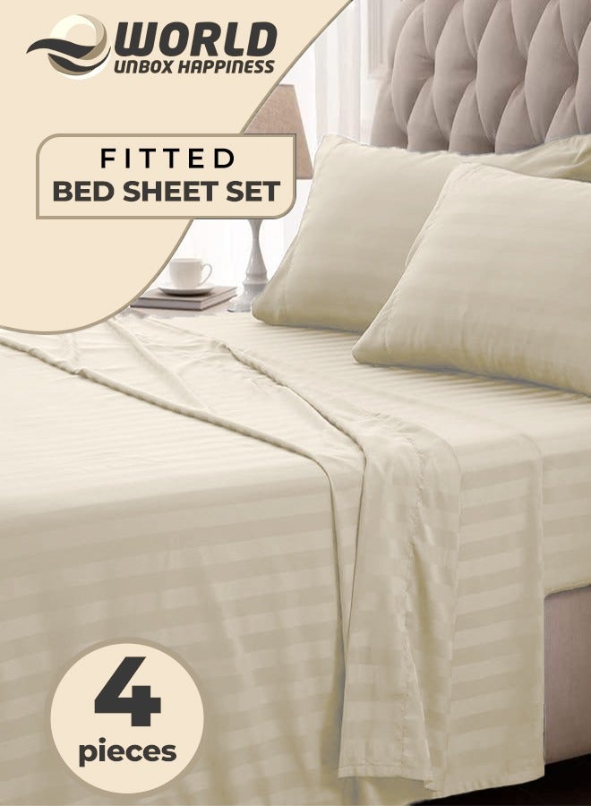 إي وورلد مجموعة فاخرة من 4 قطع بحجم كينغ وتصميم خطوط بلون كريمي تتضمن غطاء لحاف بحجم (220x240 سم)، وورقة سرير ملائمة (200x200+30 سم)، وغطتين وسادة (48x74+5 سم). - Image 1