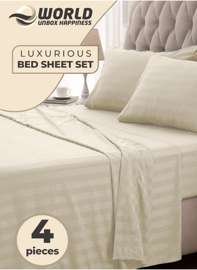 Eworld 4-Piece Luxury King Size Cream Striped Bedding Set Includes 1 Duvet Cover (220x240cm), 1 Fitted Bed Sheet (200x200+30cm), and 2 Pillow Cases (48x74+5cm) for Ultimate Hotel-Inspired Sophistication  - Image 1