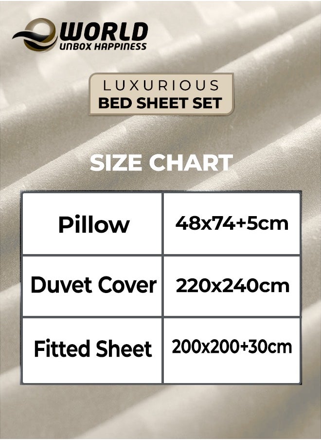 Eworld 4-Piece Luxury King Size Cream Striped Bedding Set Includes 1 Duvet Cover (220x240cm), 1 Fitted Bed Sheet (200x200+30cm), and 2 Pillow Cases (48x74+5cm) for Ultimate Hotel-Inspired Sophistication  - Image 2