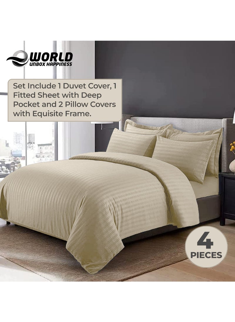 Eworld 4-Piece Luxury King Size Cream Striped Bedding Set Includes 1 Duvet Cover (220x240cm), 1 Fitted Bed Sheet (200x200+30cm), and 2 Pillow Cases (48x74+5cm) for Ultimate Hotel-Inspired Sophistication  - Image 4