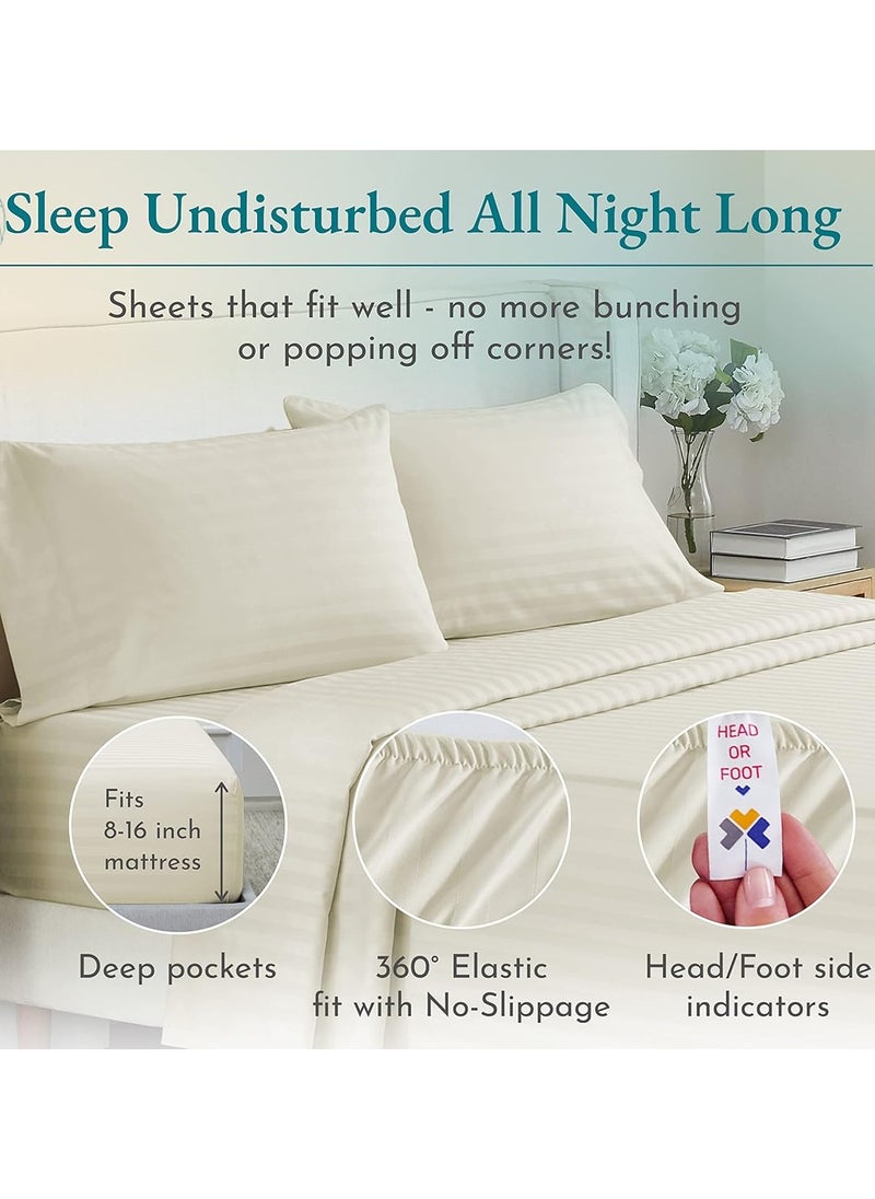 Eworld 4-Piece Luxury King Size Cream Striped Bedding Set Includes 1 Duvet Cover (220x240cm), 1 Fitted Bed Sheet (200x200+30cm), and 2 Pillow Cases (48x74+5cm) for Ultimate Hotel-Inspired Sophistication  - Image 5