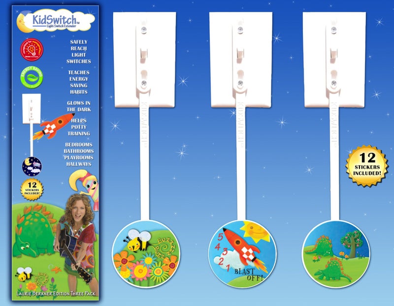 KidSwitch Lightswitch Extension for Toddlers - Laurie Berkner Edition - 3 Count - Includes 12 Themed Art Decals - Multi-Award Winning! - Image 1