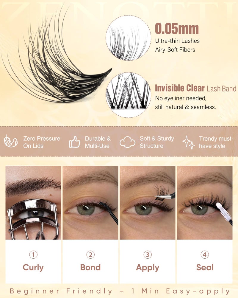 zenotti Natural Lash Clusters Spider Lashes Cluster Breeze Wispy Cluster Eyelash Extensions Venus Individual Lashes with Invisible Clear Band DIY Lash Extension for Lash Beginners 8-16mm D Curly by zenotti - Image 4