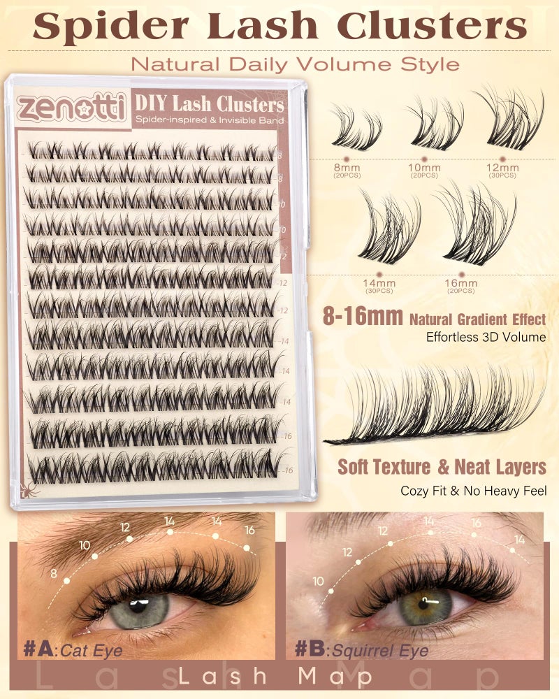 zenotti Natural Lash Clusters Spider Lashes Cluster Breeze Wispy Cluster Eyelash Extensions Venus Individual Lashes with Invisible Clear Band DIY Lash Extension for Lash Beginners 8-16mm D Curly by zenotti - Image 2
