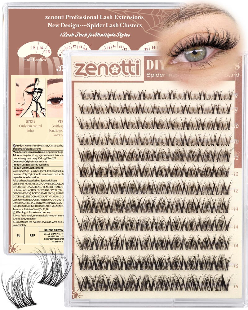 zenotti Natural Lash Clusters Spider Lashes Cluster Breeze Wispy Cluster Eyelash Extensions Venus Individual Lashes with Invisible Clear Band DIY Lash Extension for Lash Beginners 8-16mm D Curly by zenotti - Image 1