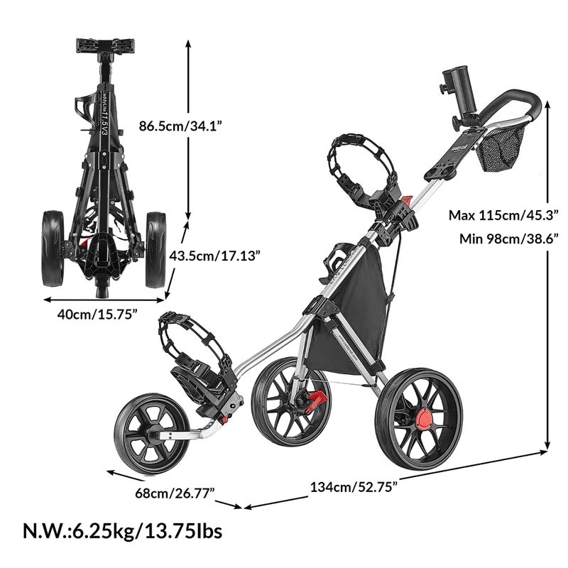Caddytek CaddyLite 11.5 V3 3 Wheel Golf Push Cart - SuperLite Deluxe, Lightweight, Easy To Fold Caddy Cart Pushcart, Silver, 53.5 x 27 x 45" - Image 2