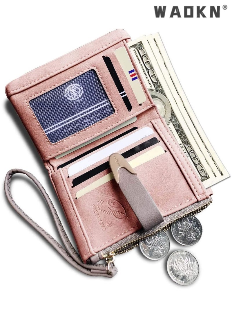 WAOKN Exclusively Crafted for Women: RFID Shielded Small Bifold Wallet, Portable Wristlet Pouch, Zippered Coin Compartment, Chic Pink Version - Image 2
