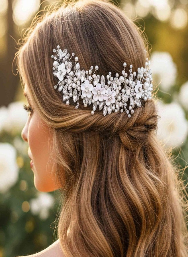 إيز ديلي إيزديلي - تاج شعر للعروس مزين بالزهور، فضي اللون، مرصع بالكريستال، طوق رأس مرصع بأحجار الراين، إكسسوارات شعر من اللؤلؤ للنساء (فضي، مقاس واحد) - Image 5