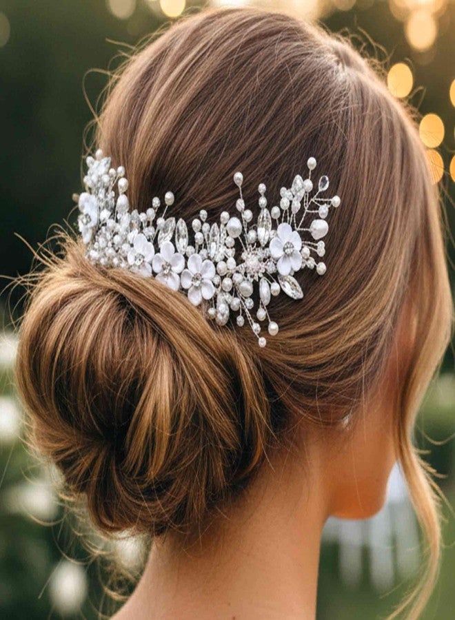 إيز ديلي إيزديلي - تاج شعر للعروس مزين بالزهور، فضي اللون، مرصع بالكريستال، طوق رأس مرصع بأحجار الراين، إكسسوارات شعر من اللؤلؤ للنساء (فضي، مقاس واحد) - Image 3
