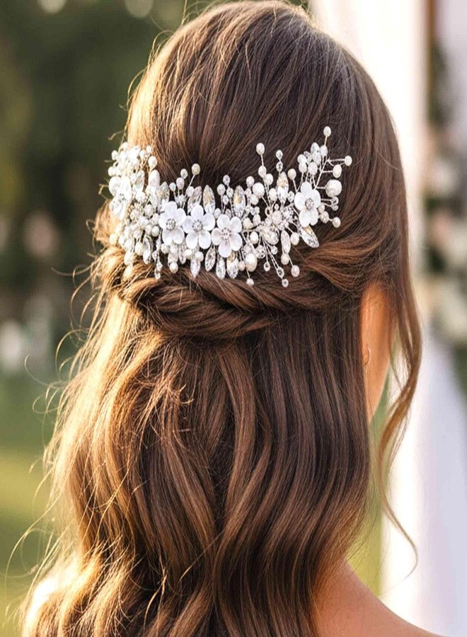 إيز ديلي إيزديلي - تاج شعر للعروس مزين بالزهور، فضي اللون، مرصع بالكريستال، طوق رأس مرصع بأحجار الراين، إكسسوارات شعر من اللؤلؤ للنساء (فضي، مقاس واحد) - Image 1