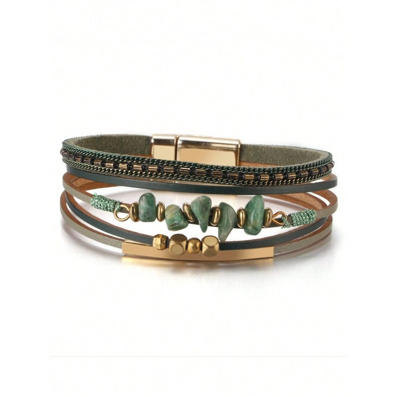 1pc European and American Style PU Leather Rope Natural Stone Beaded Copper Tube Design Women's Bracelet Summer  Beach - Image 3