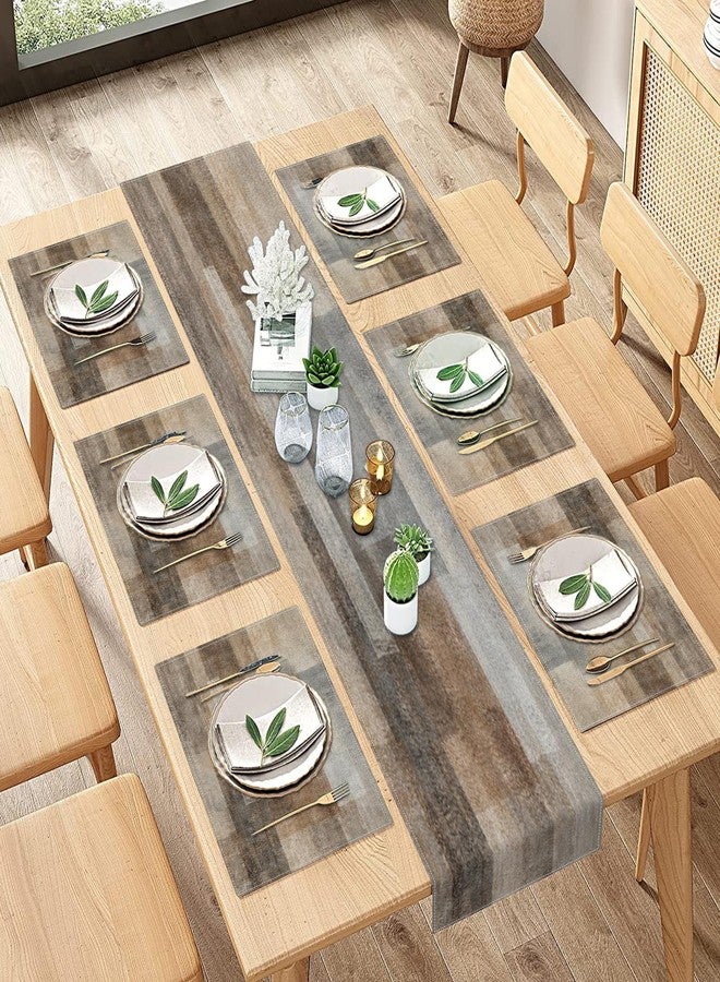 ArtSocket طقم مفارش طاولة وأطباق من ArtSocket Farmhouse مكون من 6 قطع، لوحة فنية تجريدية باللونين البني والرمادي لتزيين غرفة الطعام للاستخدام اليومي (مفرش طاولة واحد بطول 72 بوصة و6 مفارش أطباق). - Image 1