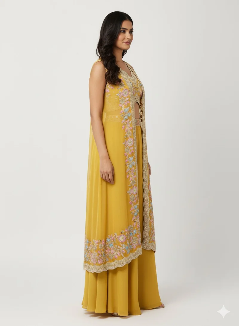 Lehar Mustard Yellow Embroidered Cape Style Sharara Set with Crop Top