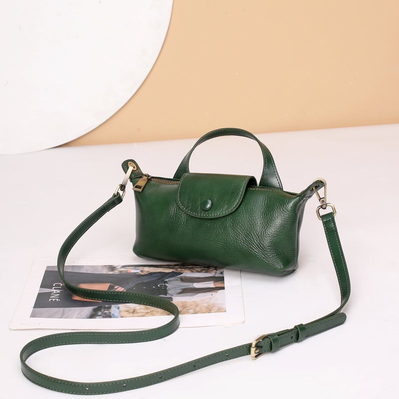 New Hand-carried Vegetable Tanning Top Layer Imported Cowhide Dumplings Dragon Inlay Simple Shoulder Crossbody Small Bag Green