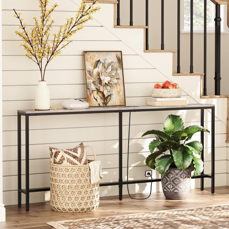MAHANCRIS 70.9'' Console Table with Power Outlet, Narrow Sofa Table, Industrial Entryway Table with USB Ports, Behind Couch for Entryway, Hallway, Foyer, Living Room, Greige CTHG18E01Z1 - Image 3