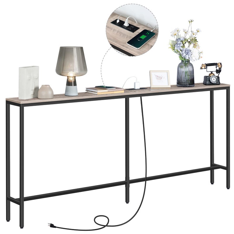 MAHANCRIS 70.9'' Console Table with Power Outlet, Narrow Sofa Table, Industrial Entryway Table with USB Ports, Behind Couch for Entryway, Hallway, Foyer, Living Room, Greige CTHG18E01Z1 - Image 5