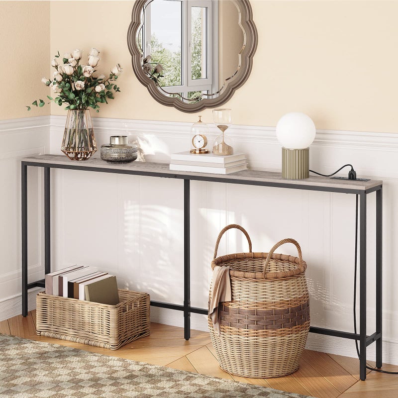 MAHANCRIS 70.9'' Console Table with Power Outlet, Narrow Sofa Table, Industrial Entryway Table with USB Ports, Behind Couch for Entryway, Hallway, Foyer, Living Room, Greige CTHG18E01Z1 - Image 2