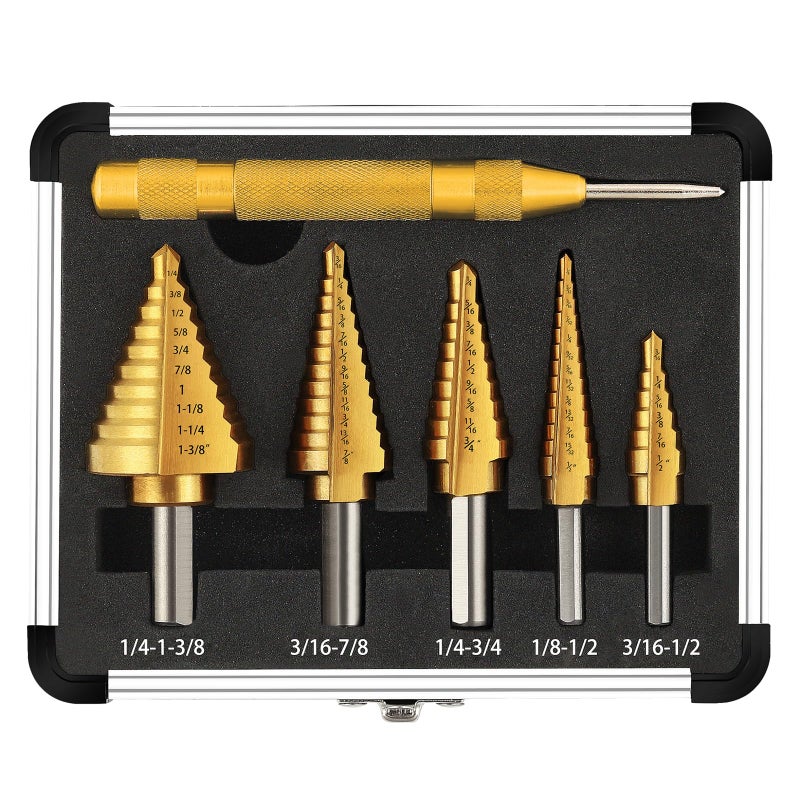 COMOWARE Step Drill Bit Set 5Piece TitaniumCoated with Automatic Center Punch Short Length Double Cutting Blades HighSpeed Steel Covering 50 Sizes Complete with Aluminum Case
