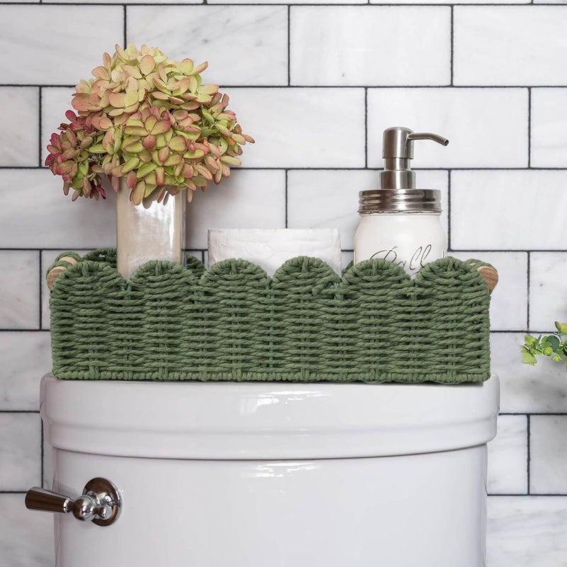 Cubesland Scalloped Edge Decor Baskets For Home  Living Room  Toilet Paper Storage Basket For Over Toilet Shelf  End Table Shelves And More  Small Paper Rope Baskets Both Storage&Decor  Set 2 Green - Image 2