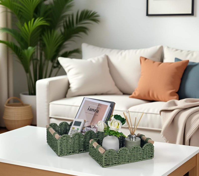 Cubesland Scalloped Edge Decor Baskets For Home  Living Room  Toilet Paper Storage Basket For Over Toilet Shelf  End Table Shelves And More  Small Paper Rope Baskets Both Storage&Decor  Set 2 Green - Image 3