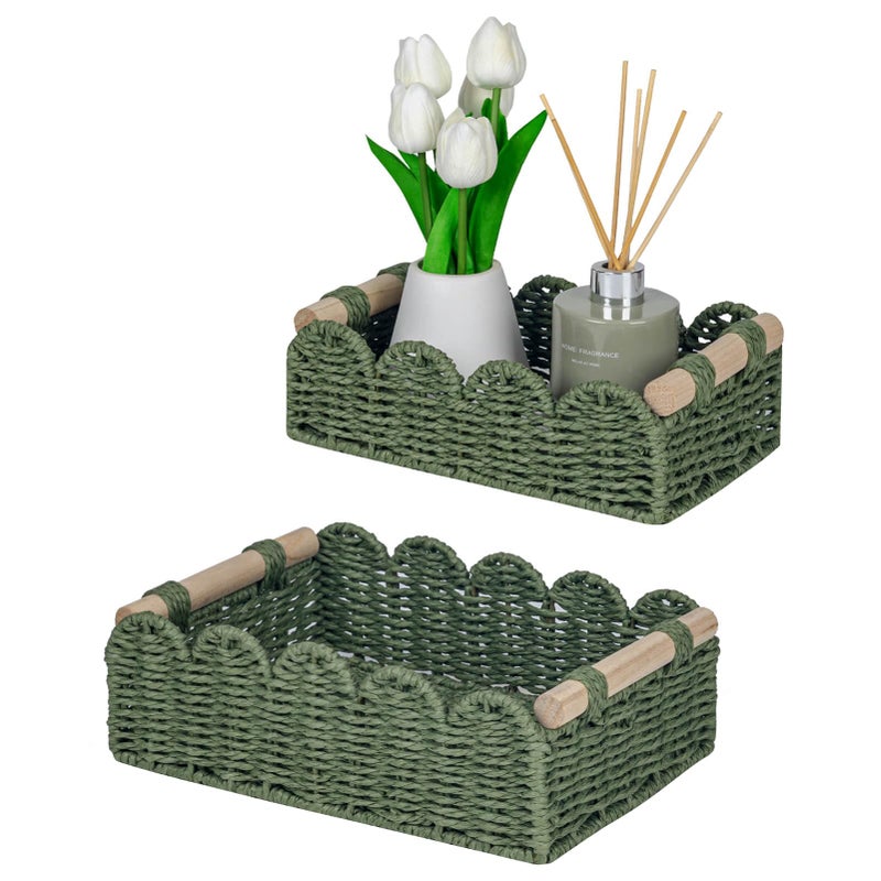 Cubesland Scalloped Edge Decor Baskets For Home  Living Room  Toilet Paper Storage Basket For Over Toilet Shelf  End Table Shelves And More  Small Paper Rope Baskets Both Storage&Decor  Set 2 Green - Image 1
